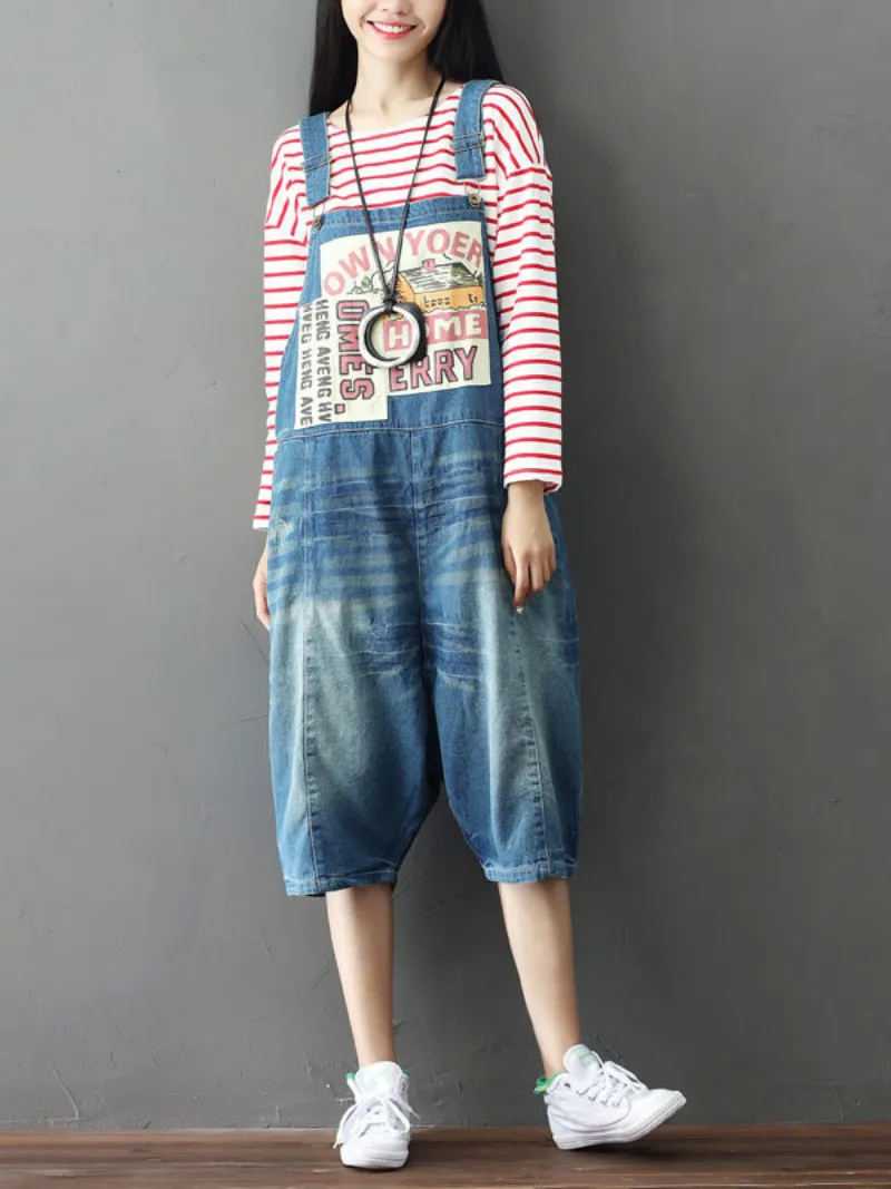 Bohemian Style Short Patch Denim Overalls