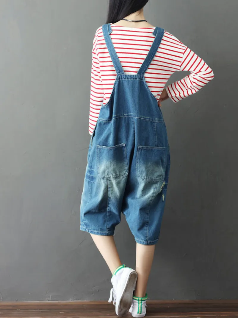 Bohemian Style Short Patch Denim Overalls