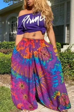 Boho Purple Rainbow Burst Multicolor Tie Dye Harem Pants