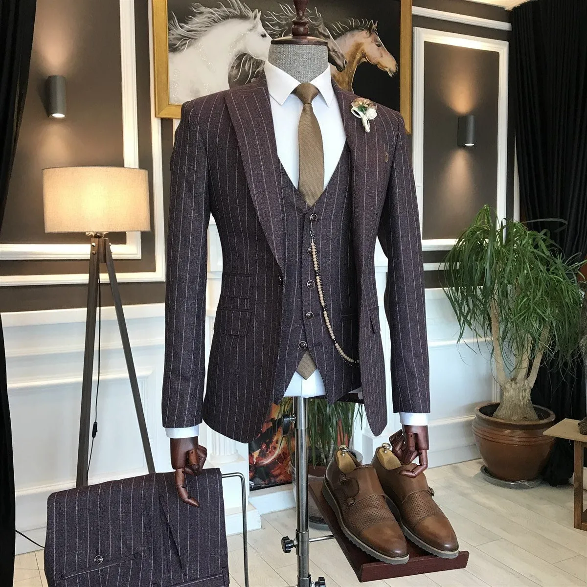 Bojoni Claret Red Striped Slim-Fit Suit 3-Piece