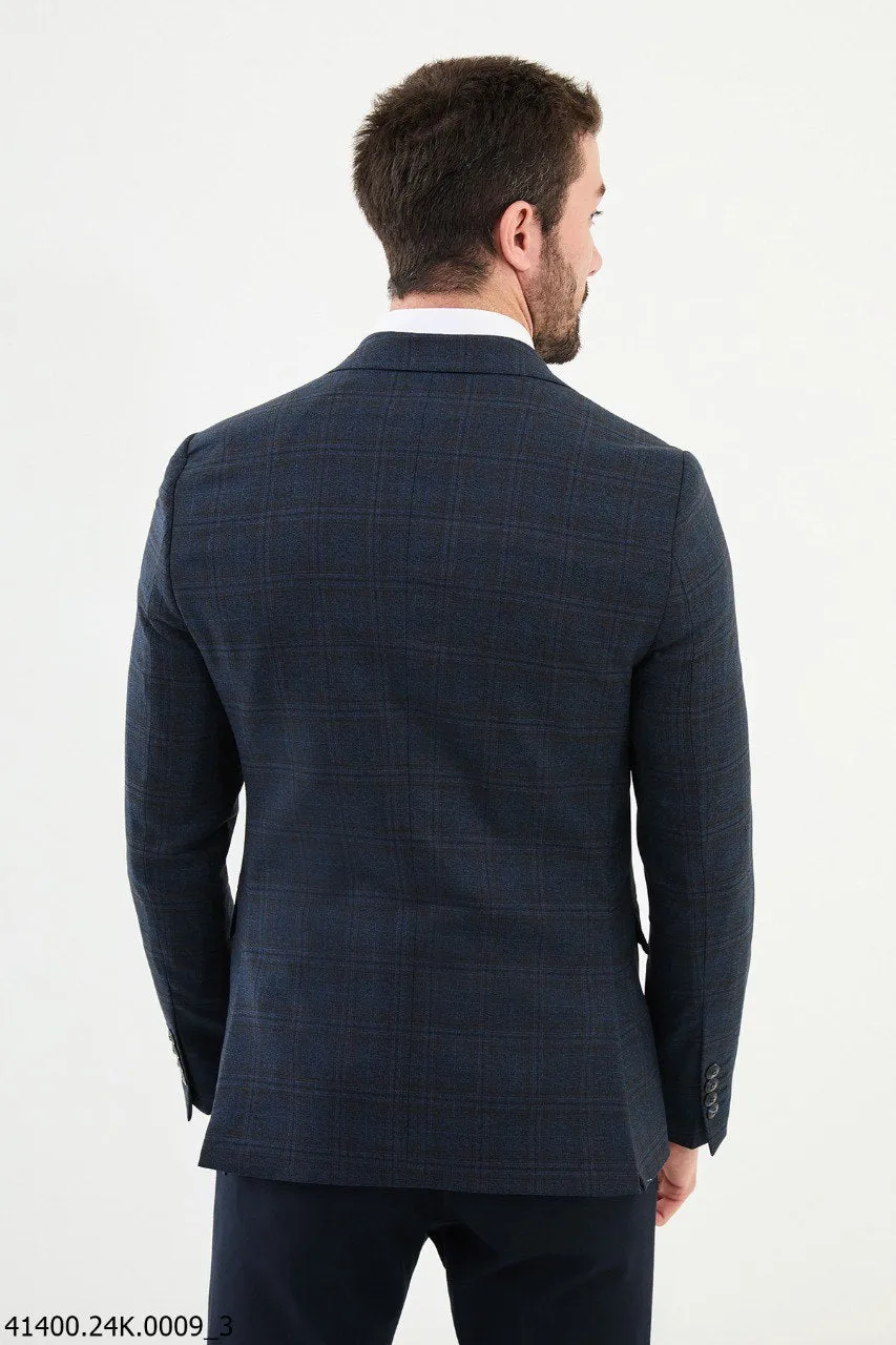 Brabion Dante Navy Blue Slim Fit Notch Lapel Plaid Wool Blazer