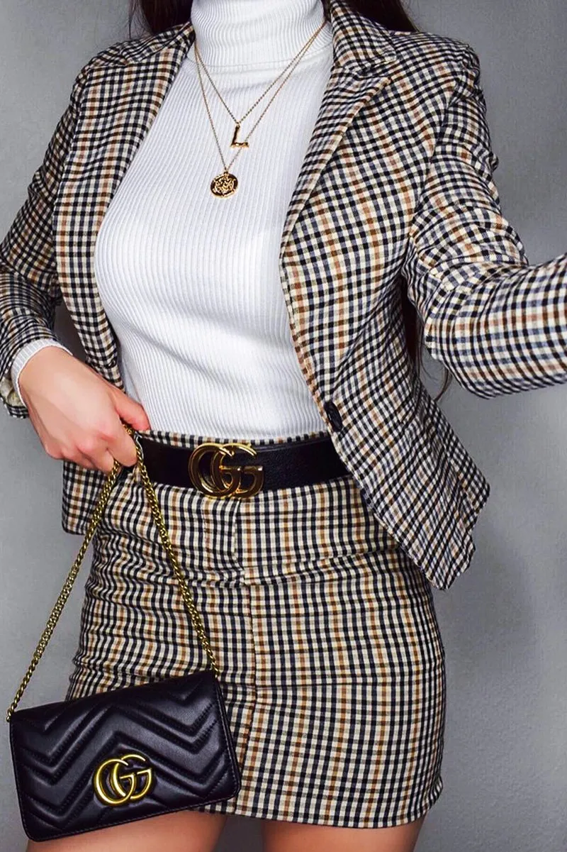 Brown Check Crop Button Front Blazer - Annalei