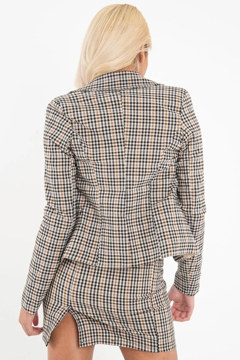 Brown Check Crop Button Front Blazer - Annalei