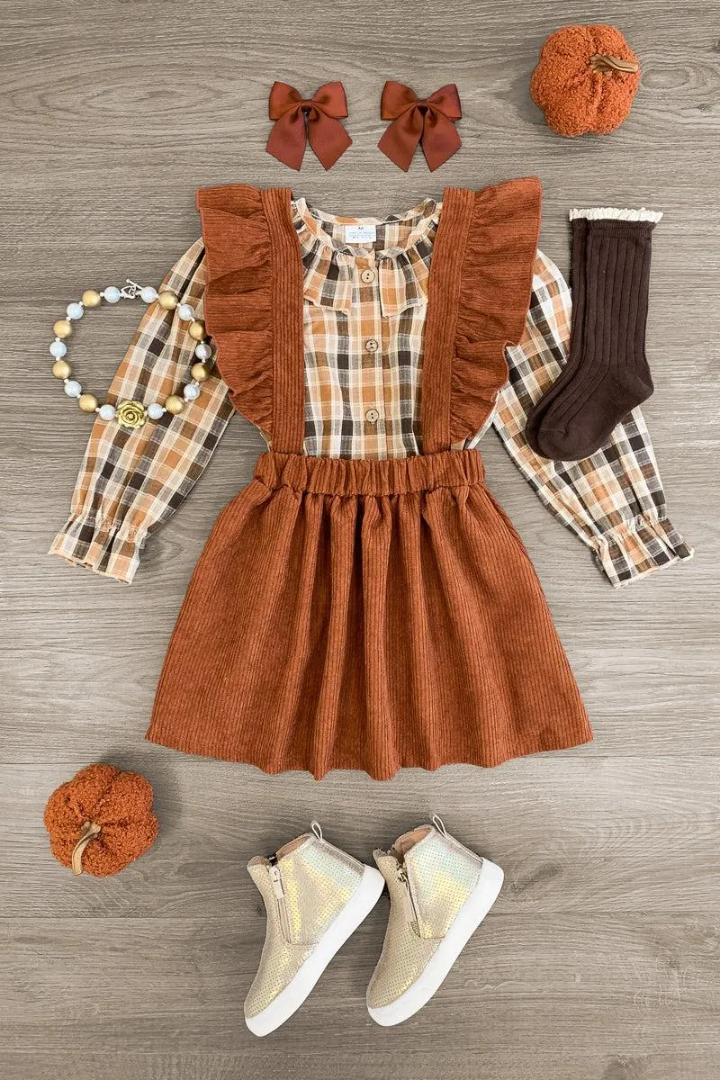 Brown Plaid Corduroy Suspender Skirt Set