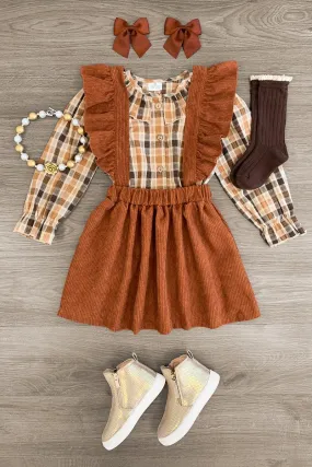 Brown Plaid Corduroy Suspender Skirt Set