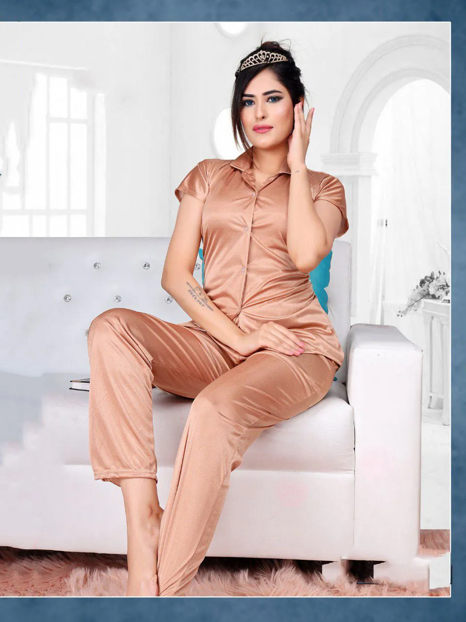 Brown Satin Night Suit Wear Set for Ladies