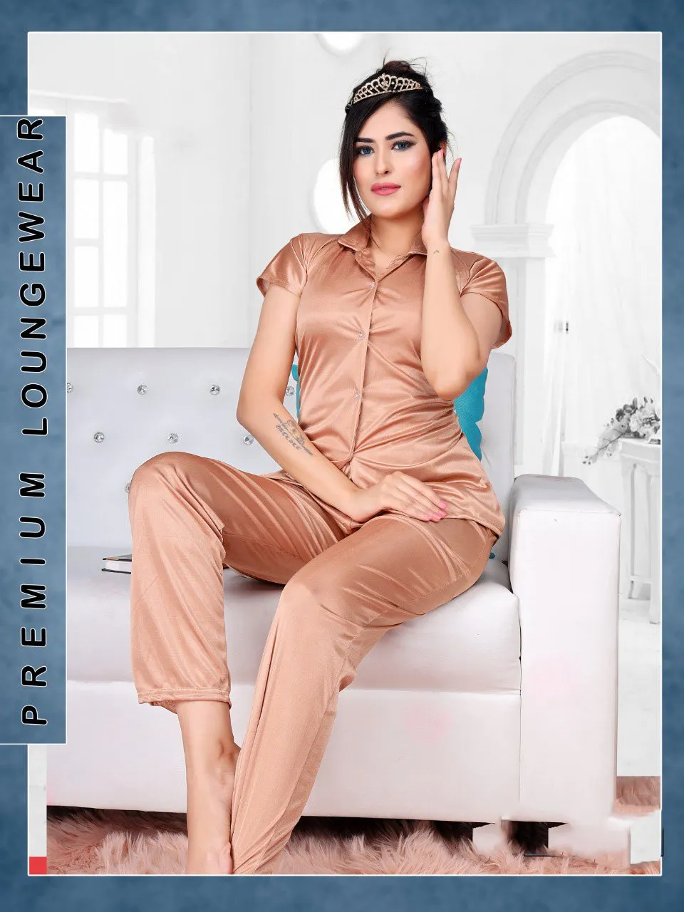 Brown Satin Night Suit Wear Set for Ladies