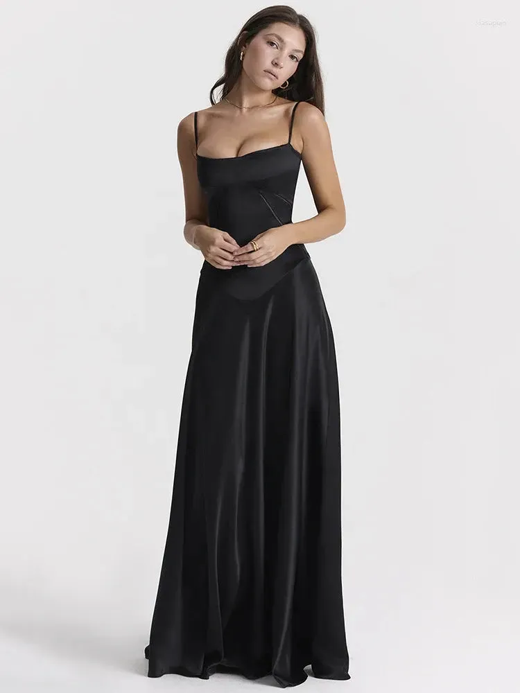 Casual Dresses Mozision Lace-up Satin Maxi Slipdress Women Black Spaghetti Strap Sleeveless Backless Dress Femme Club Party Evening