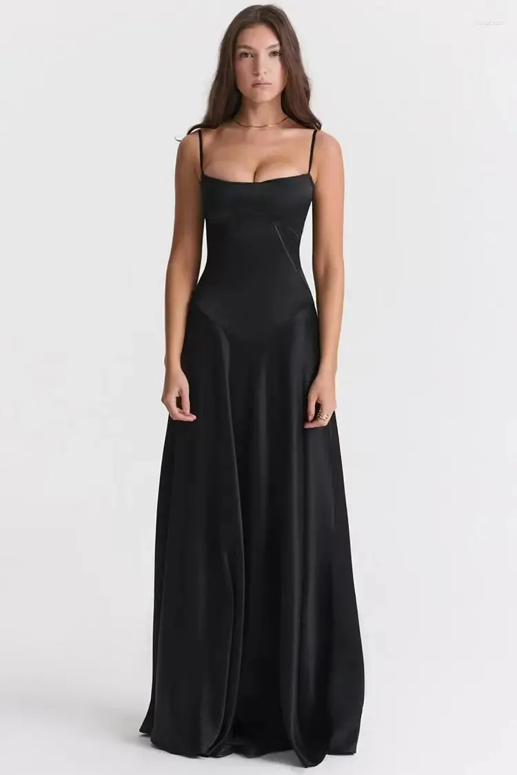 Casual Dresses Mozision Lace-up Satin Maxi Slipdress Women Black Spaghetti Strap Sleeveless Backless Dress Femme Club Party Evening