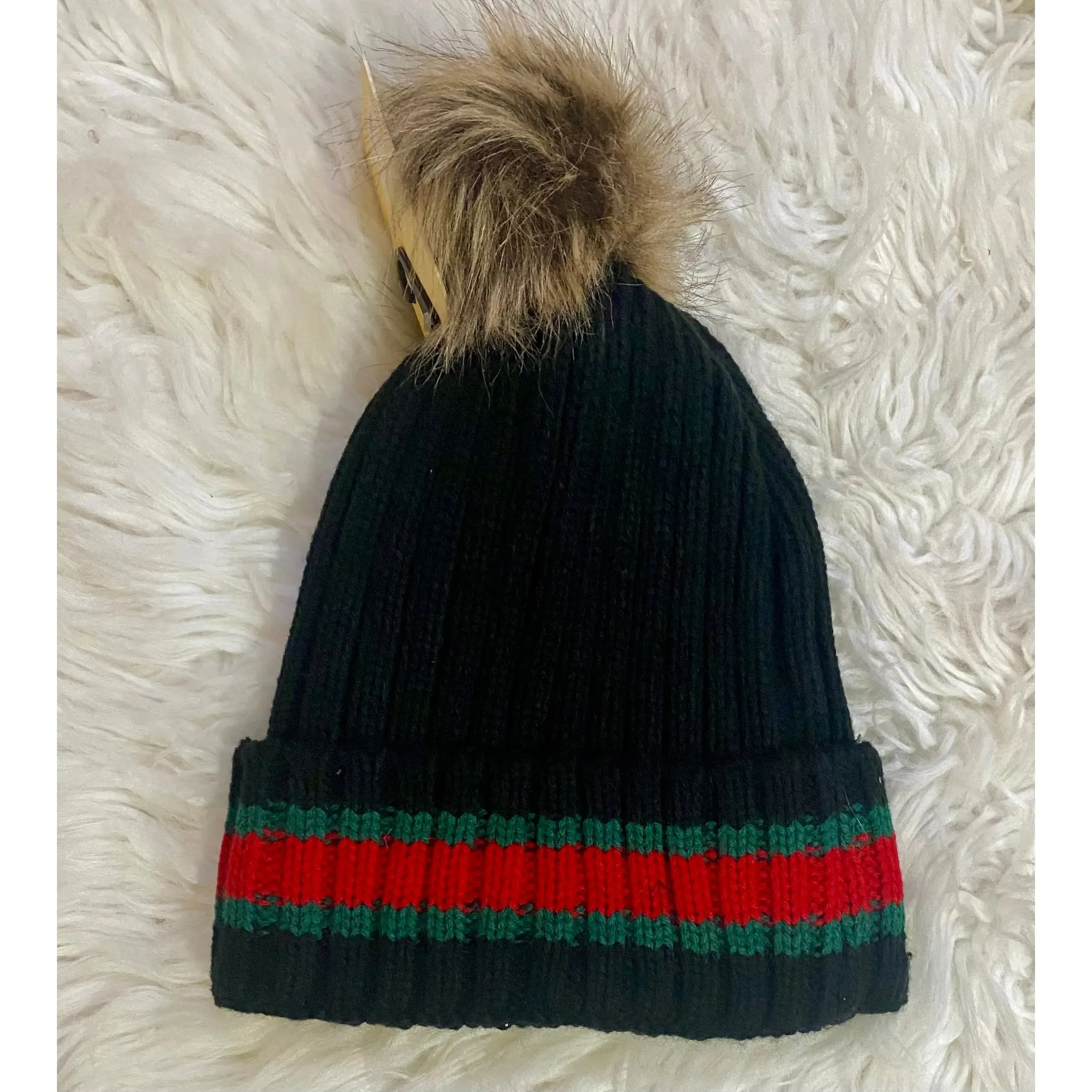 Chic & Cozy Black Striped Pom-Pom Beanie