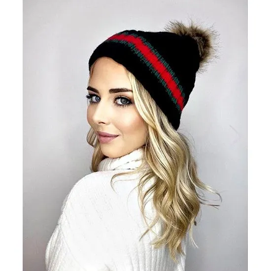 Chic & Cozy Black Striped Pom-Pom Beanie