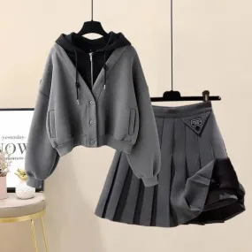 Chic Preppy Pockets Hoodie Coat & Pleated Skirt Ensemble