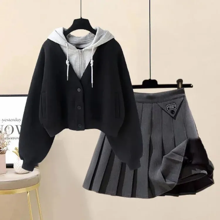 Chic Preppy Pockets Hoodie Coat & Pleated Skirt Ensemble