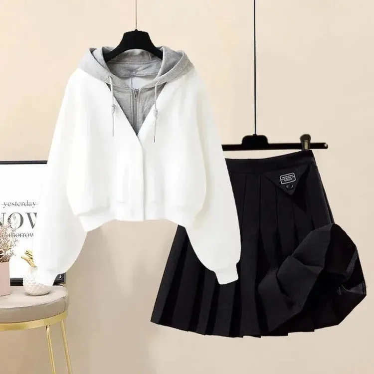 Chic Preppy Pockets Hoodie Coat & Pleated Skirt Ensemble