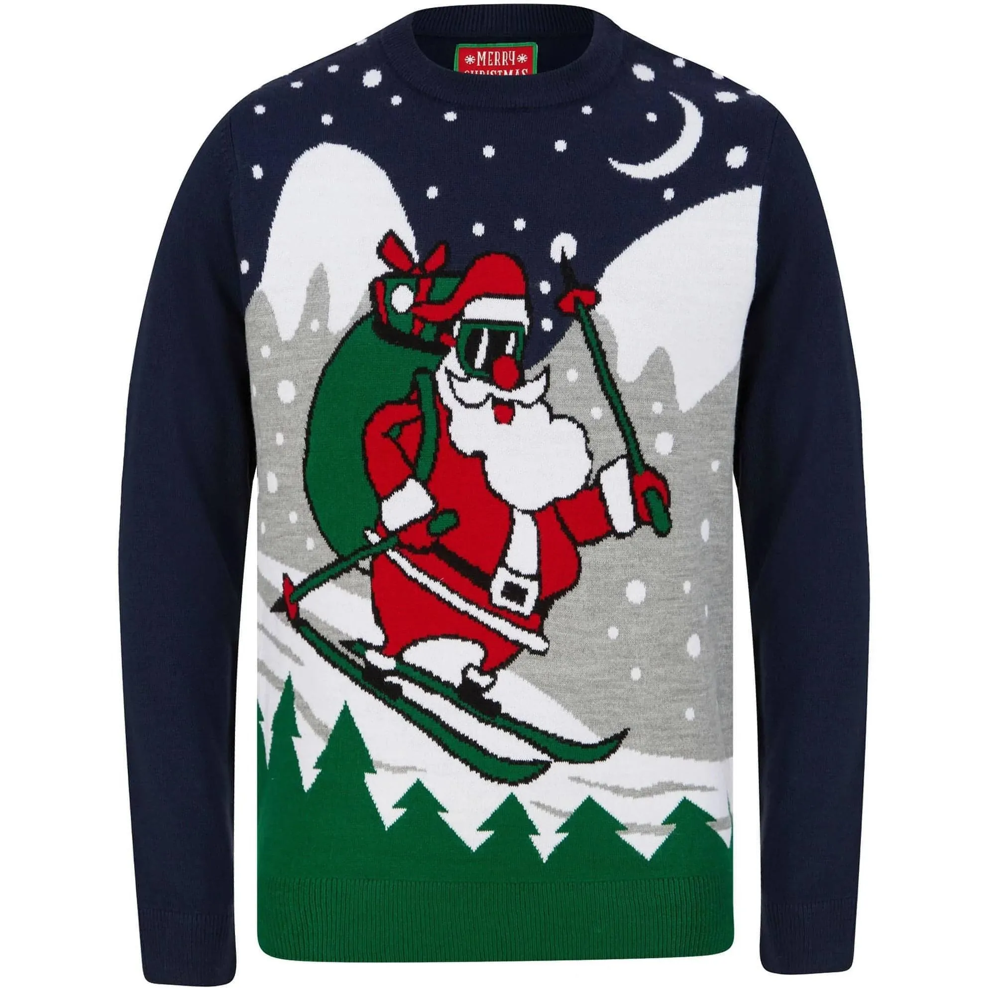 Christmas Skiing Santa Motif Mens Christmas Jumper - Navy