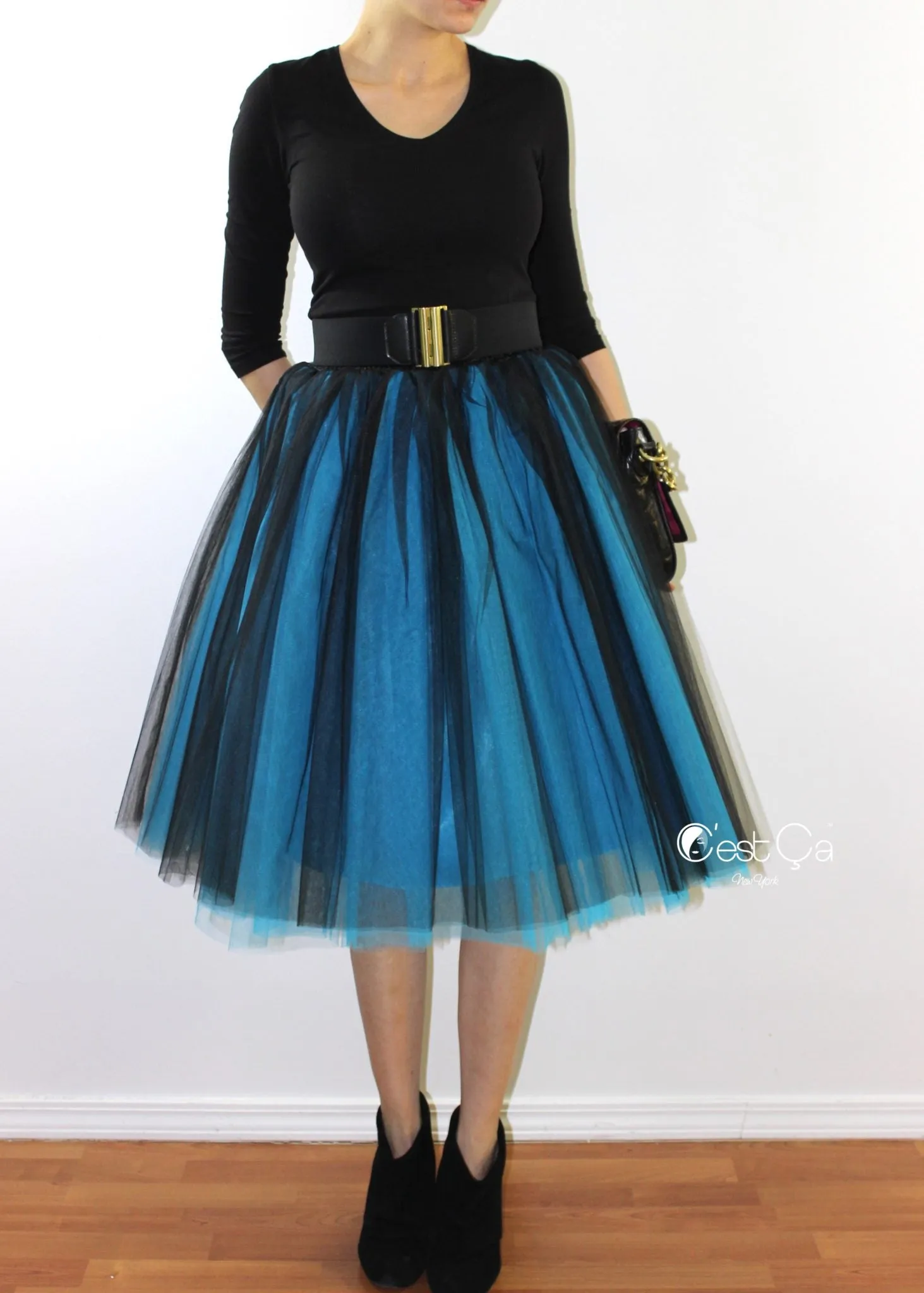 Clarisa Ombre Tulle Skirt - Sky Blue & Black, Midi