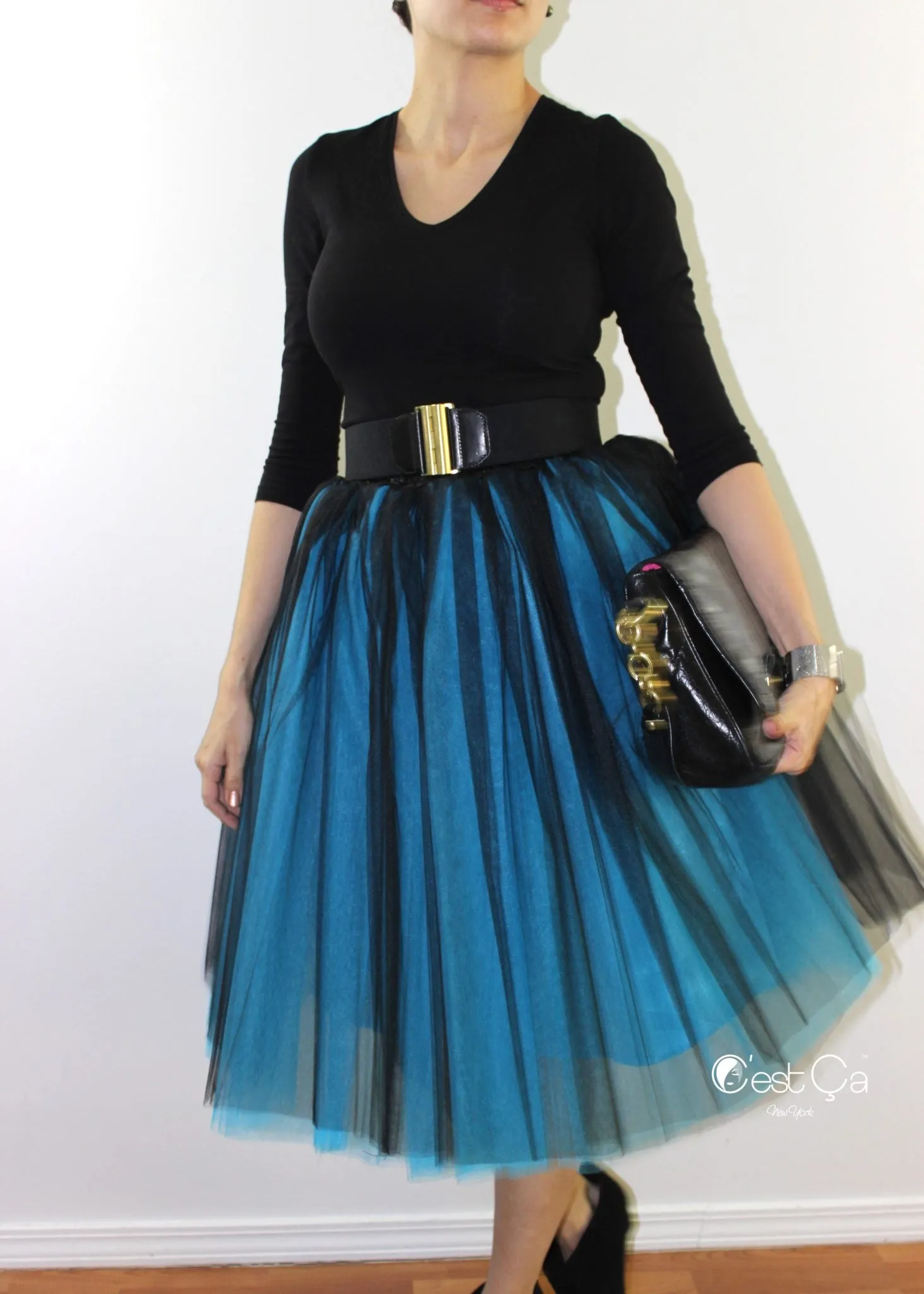 Clarisa Ombre Tulle Skirt - Sky Blue & Black, Midi