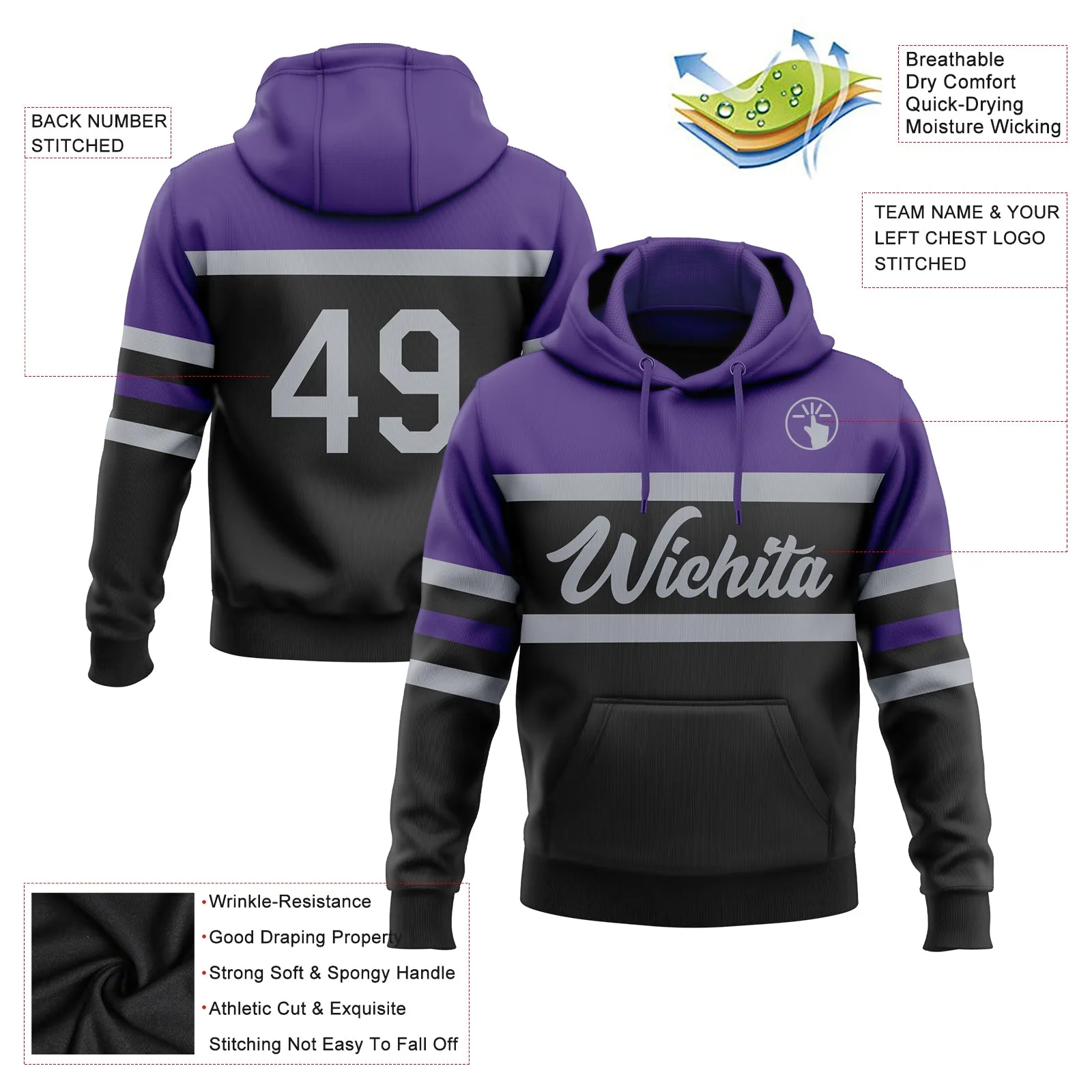 Custom Stitched Black Gray-Purple Line Sports Pullover Sweatshirt Hoodie