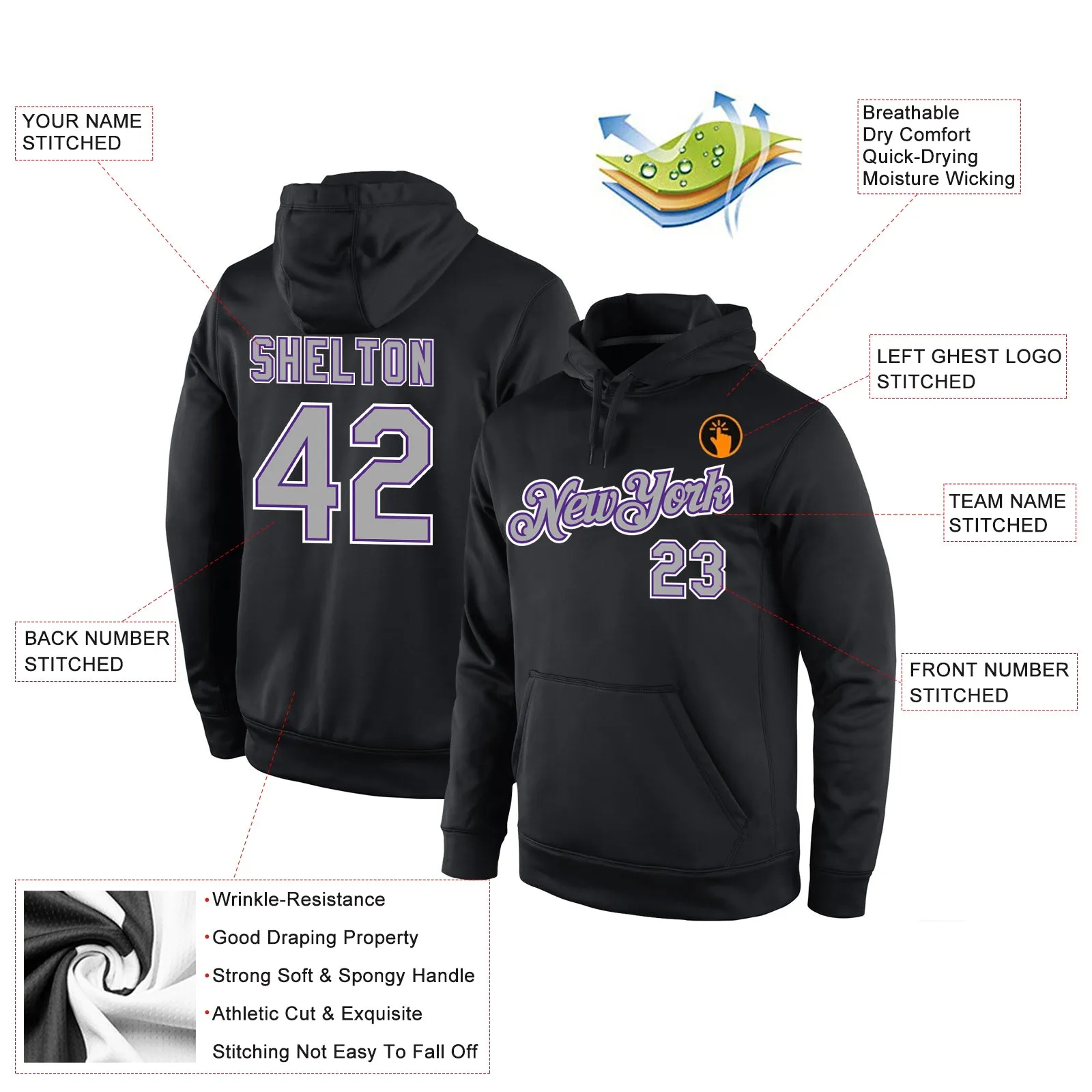 Custom Stitched Black Gray-Purple Sports Pullover Sweatshirt Hoodie