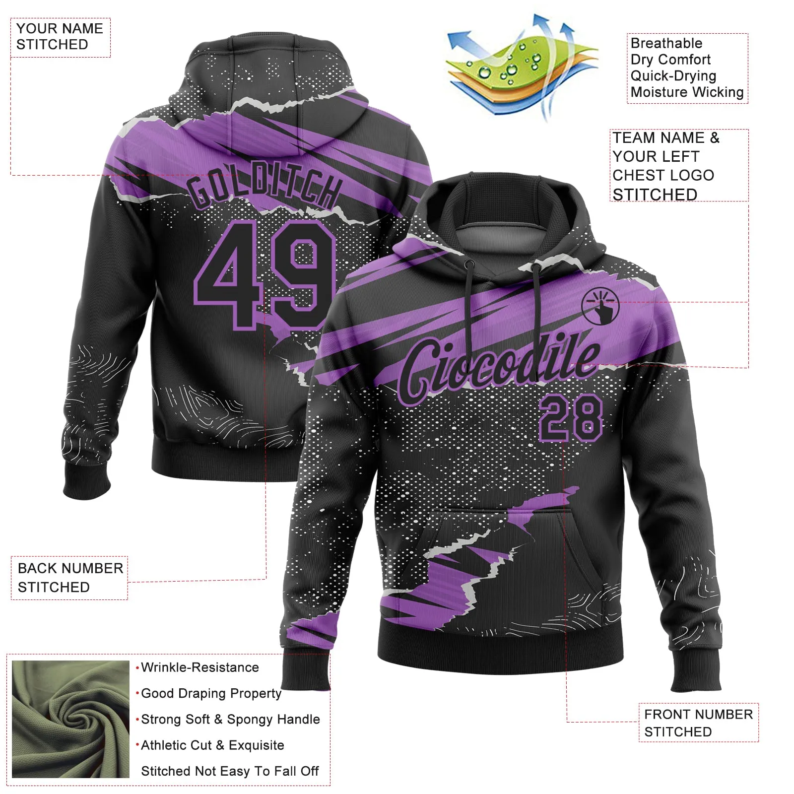 Custom Stitched Black Medium Purple 3D Pattern Design Torn Paper Style Sports Pullover Sweatshirt Hoodie