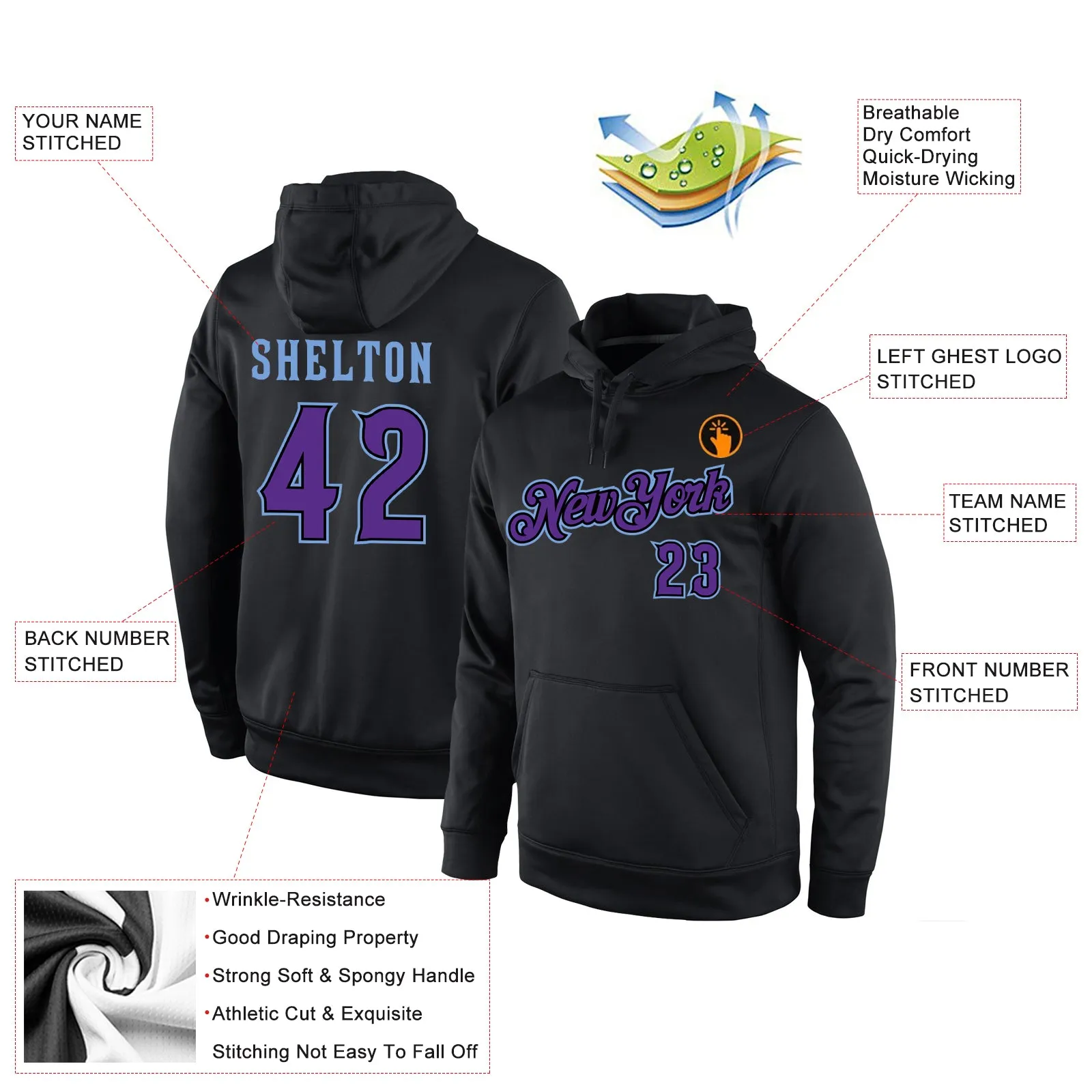 Custom Stitched Black Purple-Light Blue Sports Pullover Sweatshirt Hoodie