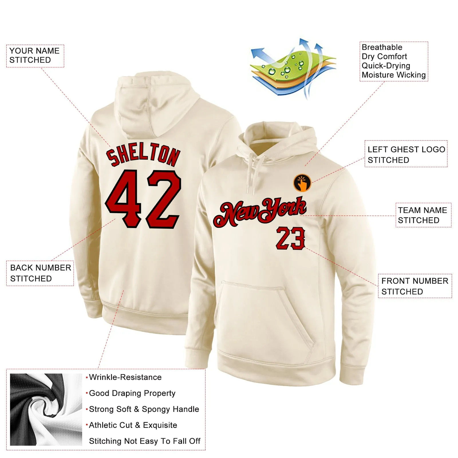 Custom Stitched Cream Red-Black Sports Pullover Sweatshirt Hoodie