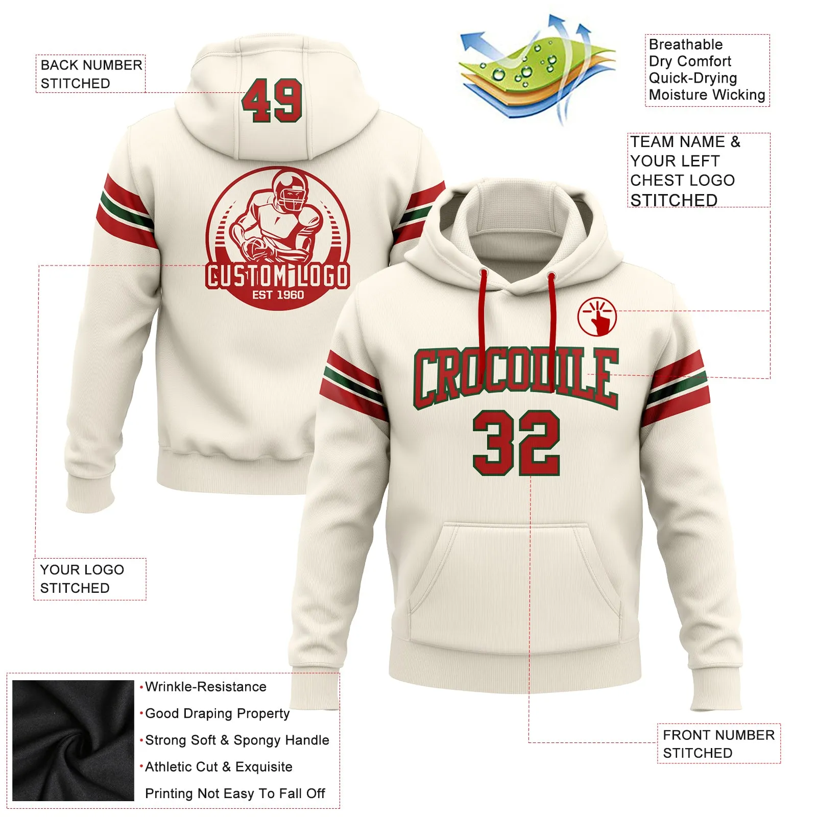 Custom Stitched Cream Red-Green Football Pullover Sweatshirt Hoodie