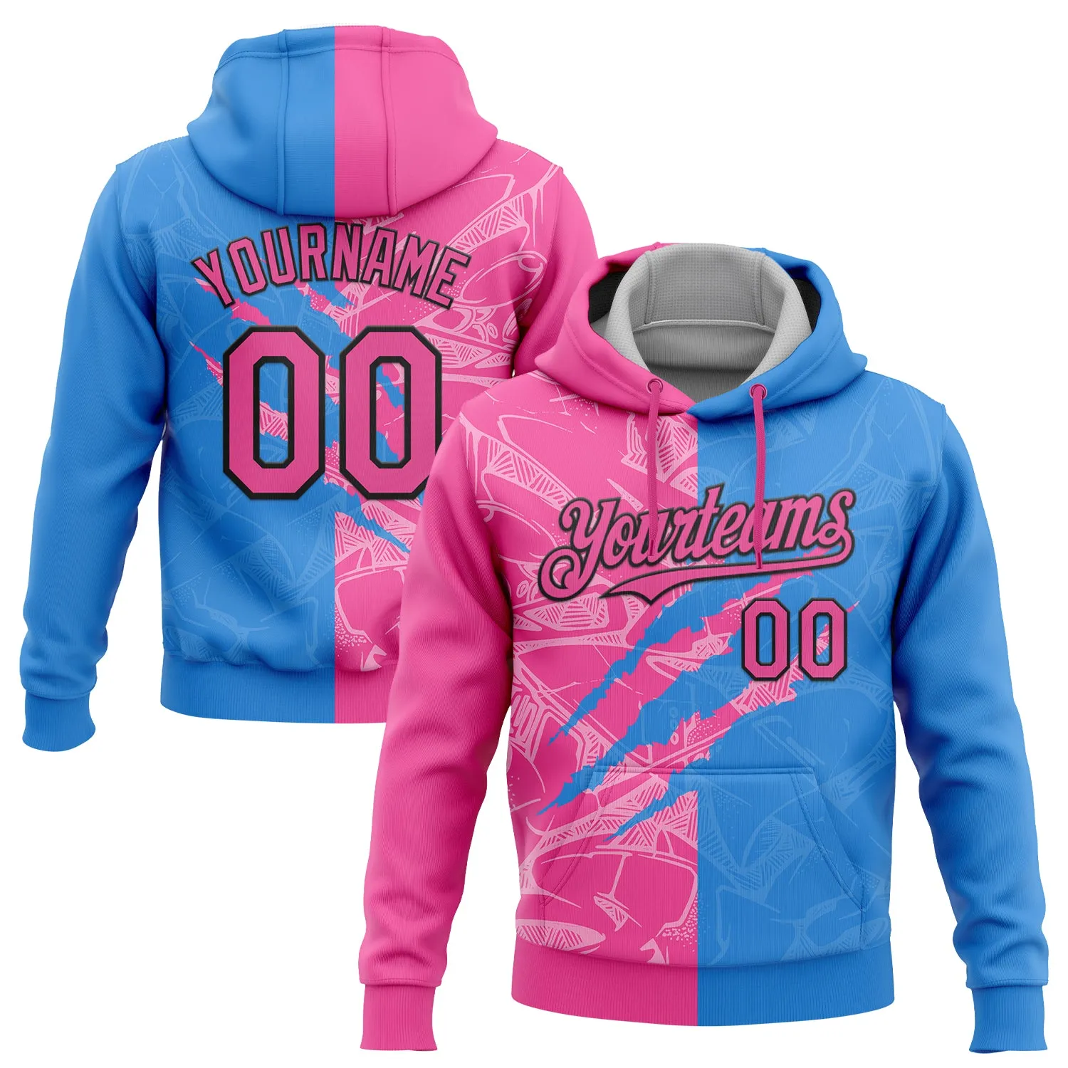 Custom Stitched Graffiti Pattern Pink Powder Blue-Black 3D Scratch Sports Pullover Sweatshirt Hoodie