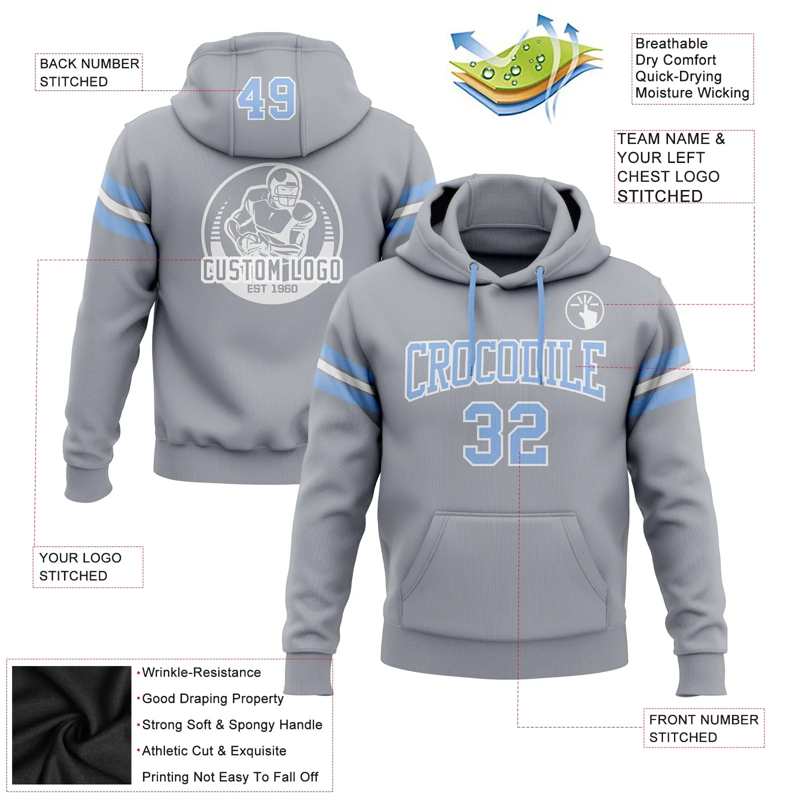 Custom Stitched Gray Light Blue-White Football Pullover Sweatshirt Hoodie