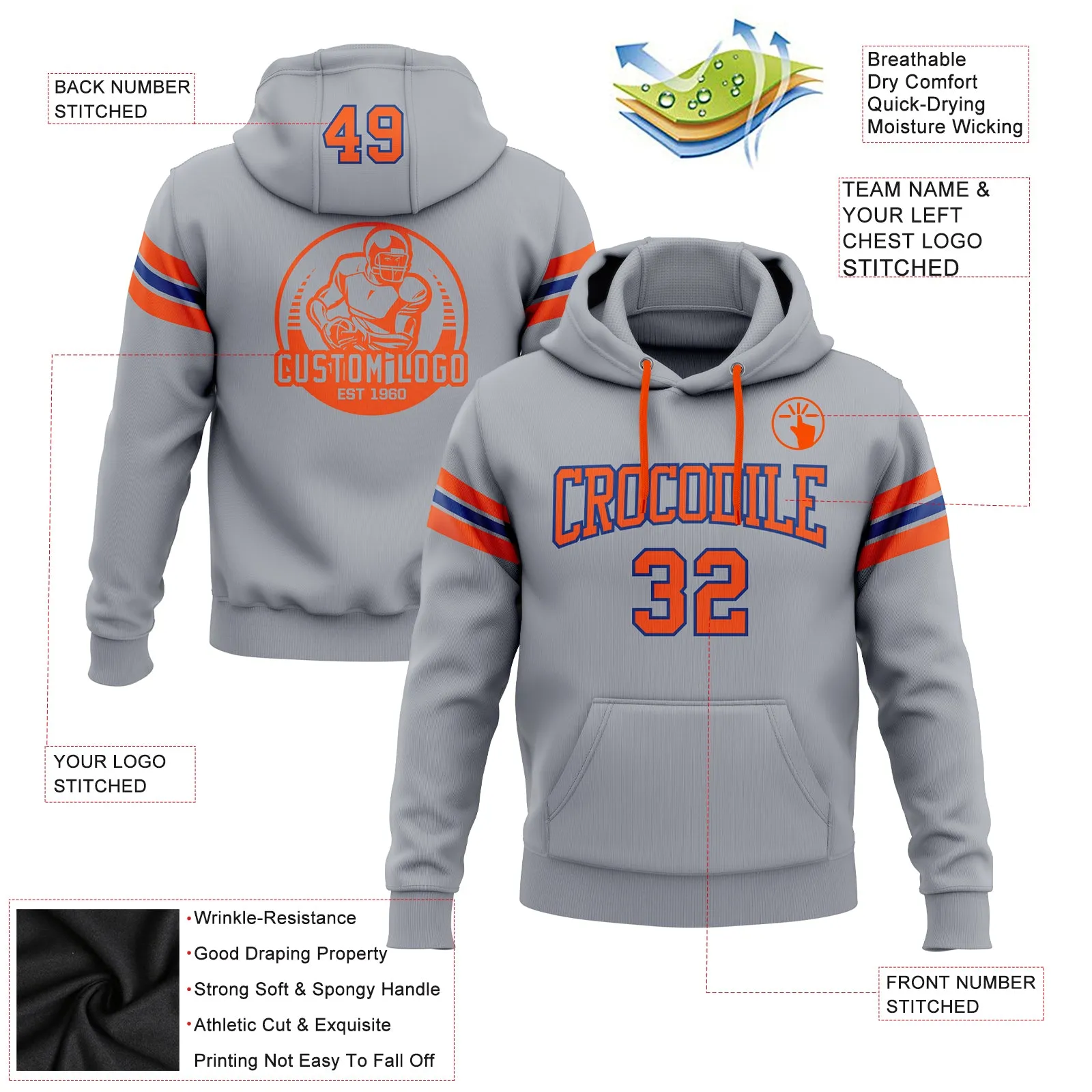 Custom Stitched Gray Orange-Royal Football Pullover Sweatshirt Hoodie