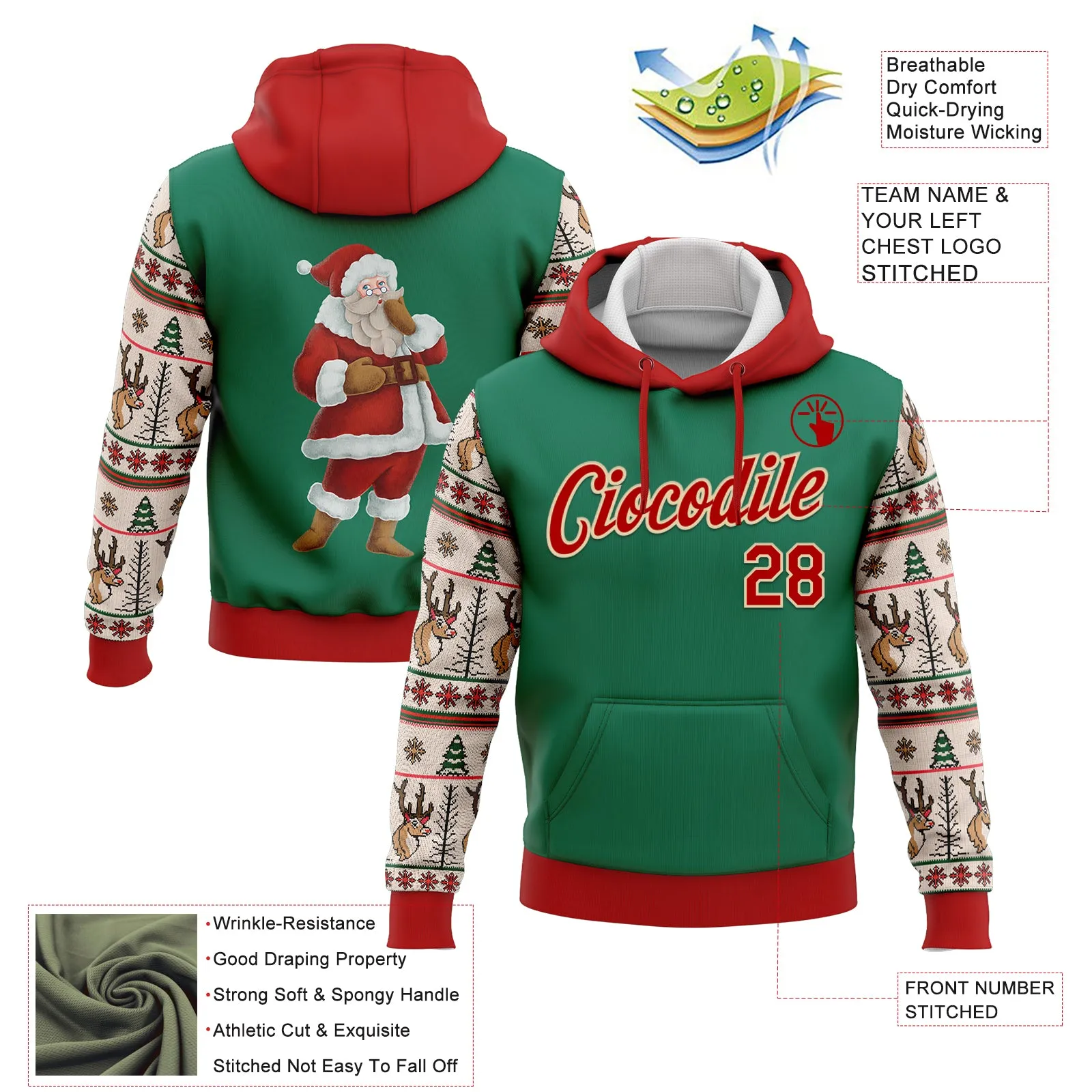 Custom Stitched Kelly Green Red-Cream Christmas 3D Sports Pullover Sweatshirt Hoodie