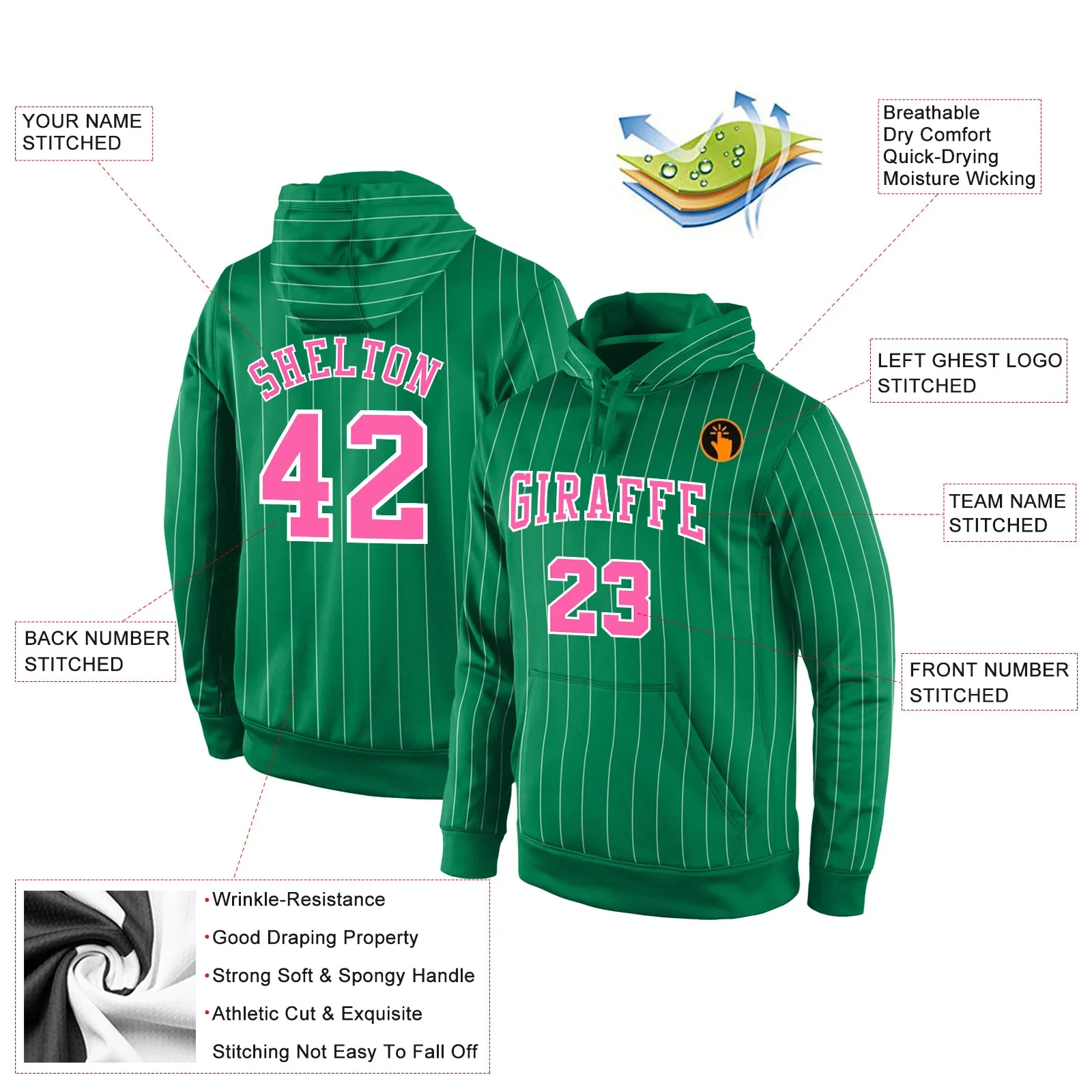 Custom Stitched Kelly Green White Pinstripe Pink-White Sports Pullover Sweatshirt Hoodie