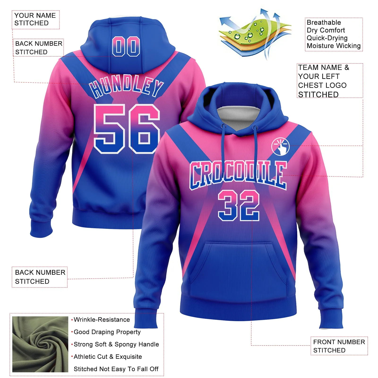 Custom Stitched Pink Thunder Blue-White Fade Fashion Arrow Sports Pullover Sweatshirt Hoodie