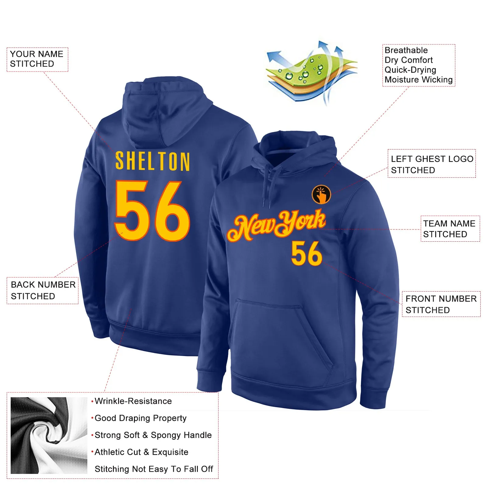 Custom Stitched Royal Gold-Orange Sports Pullover Sweatshirt Hoodie