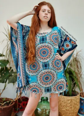 DELICIOUS BLUE MIX TASSELED KAFTAN / TUNIC  REG - 4XL