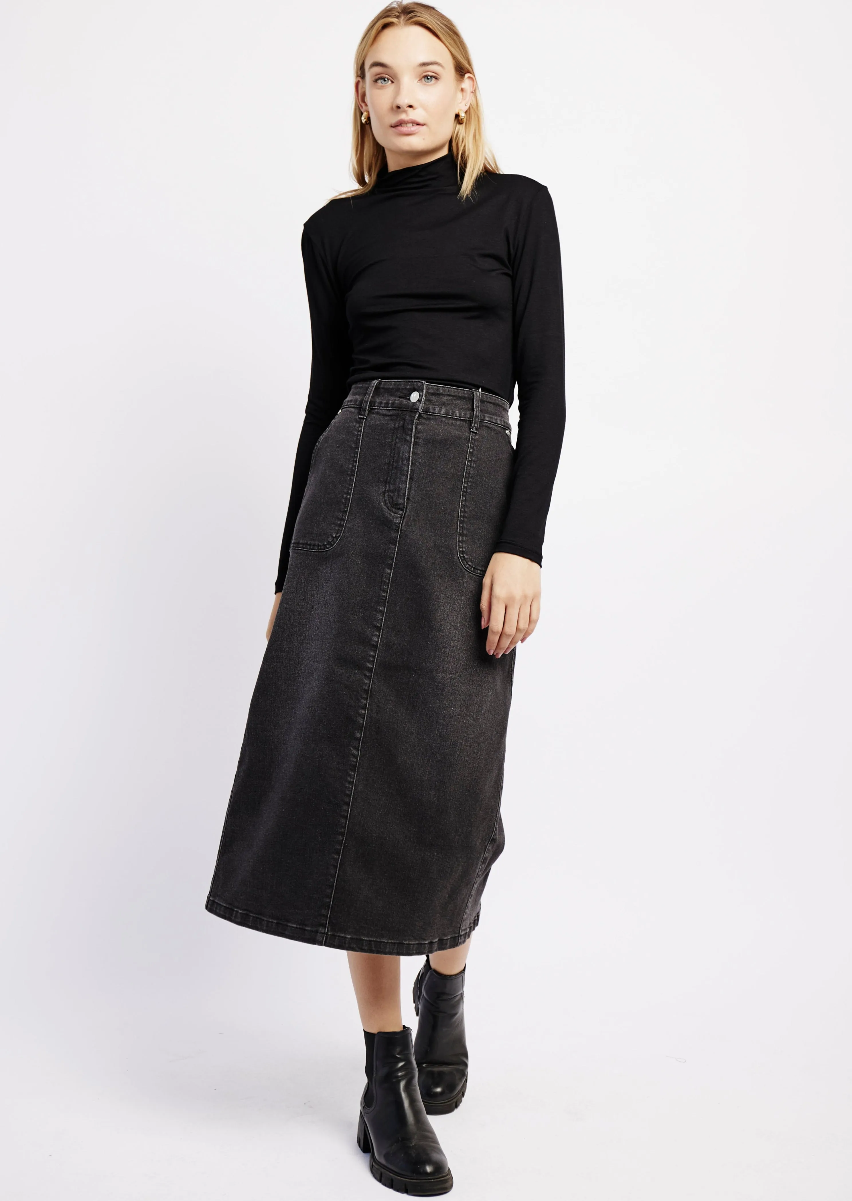 Denim Skirt with Back Slit in Black