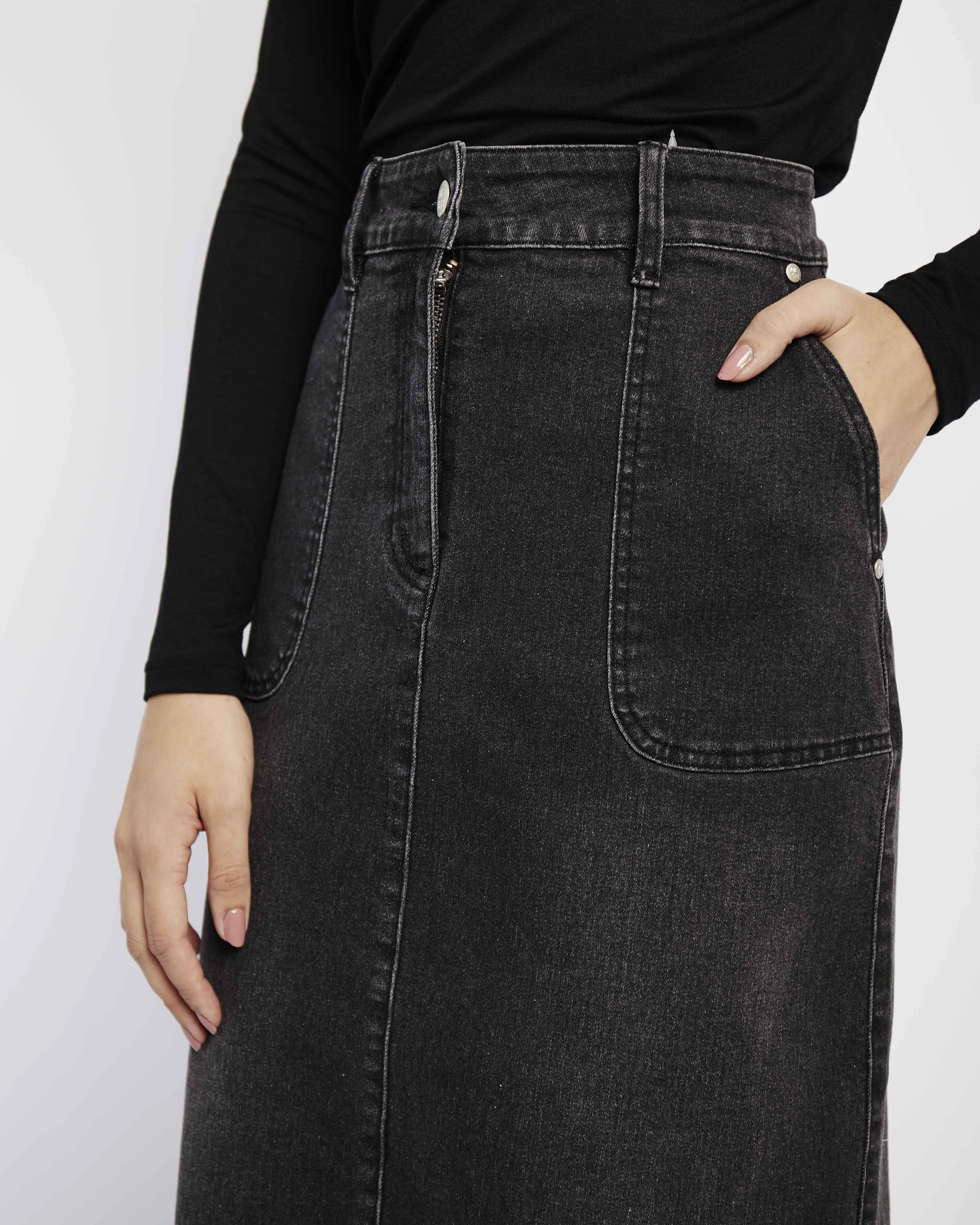 Denim Skirt with Back Slit in Black