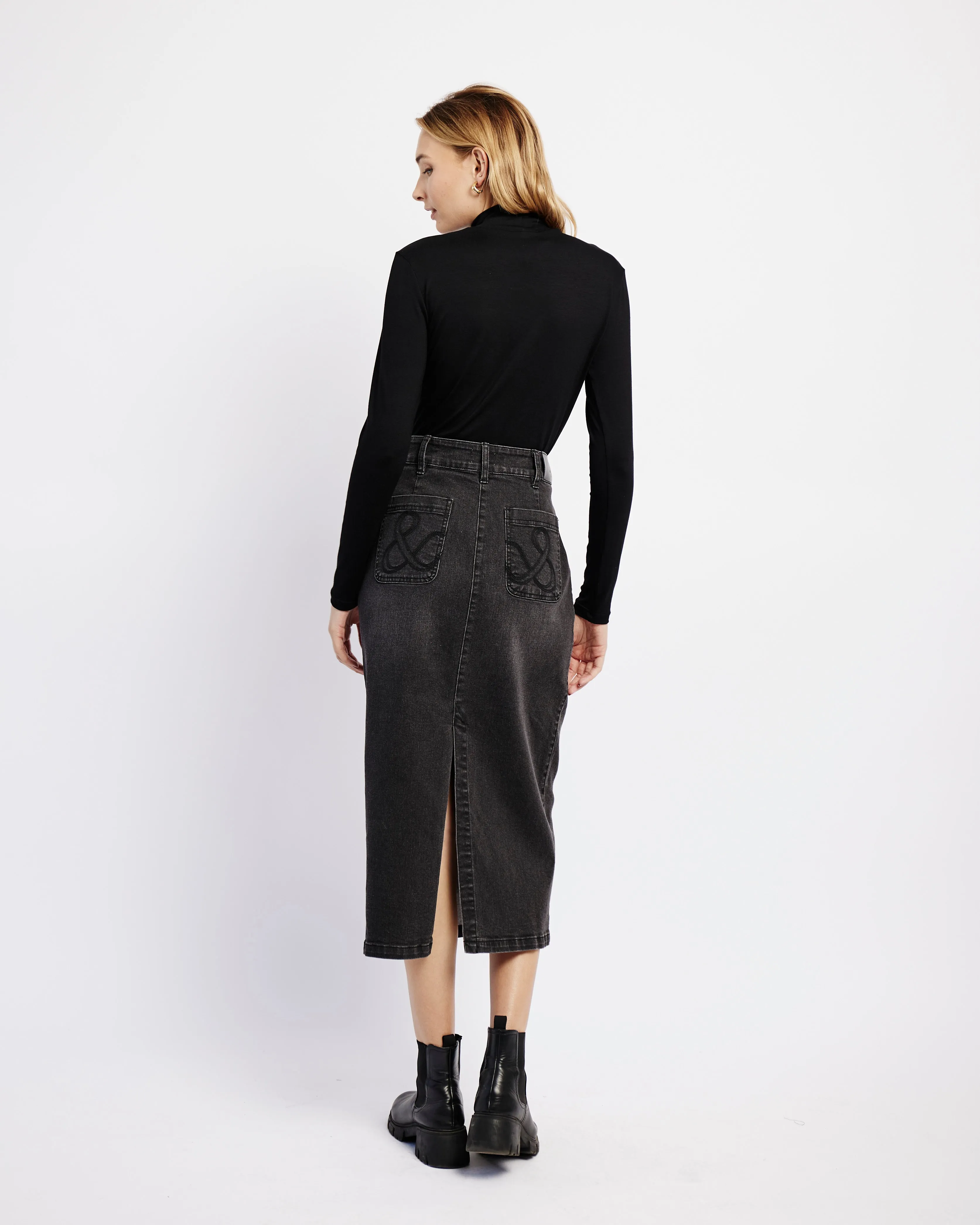 Denim Skirt with Back Slit in Black