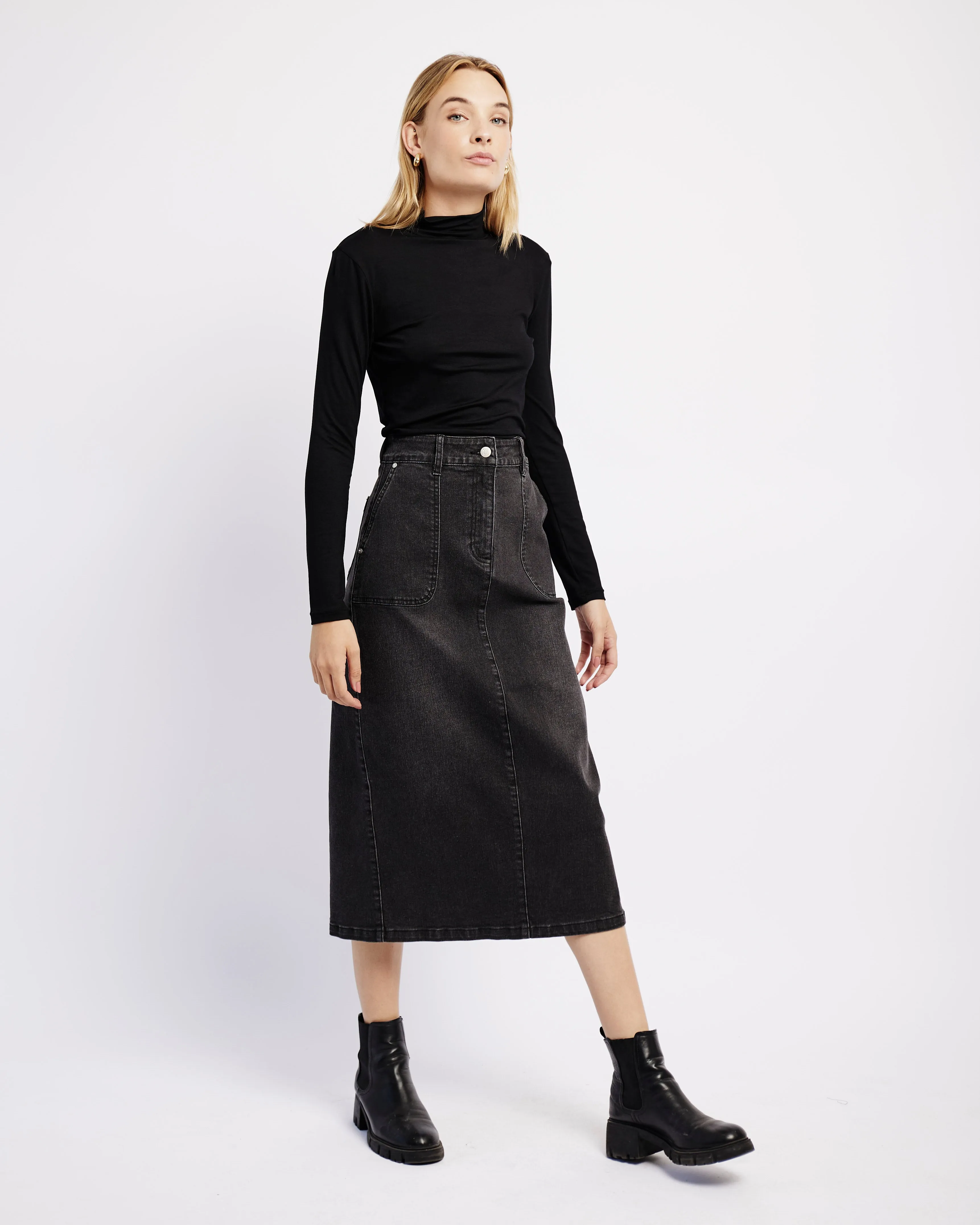 Denim Skirt with Back Slit in Black