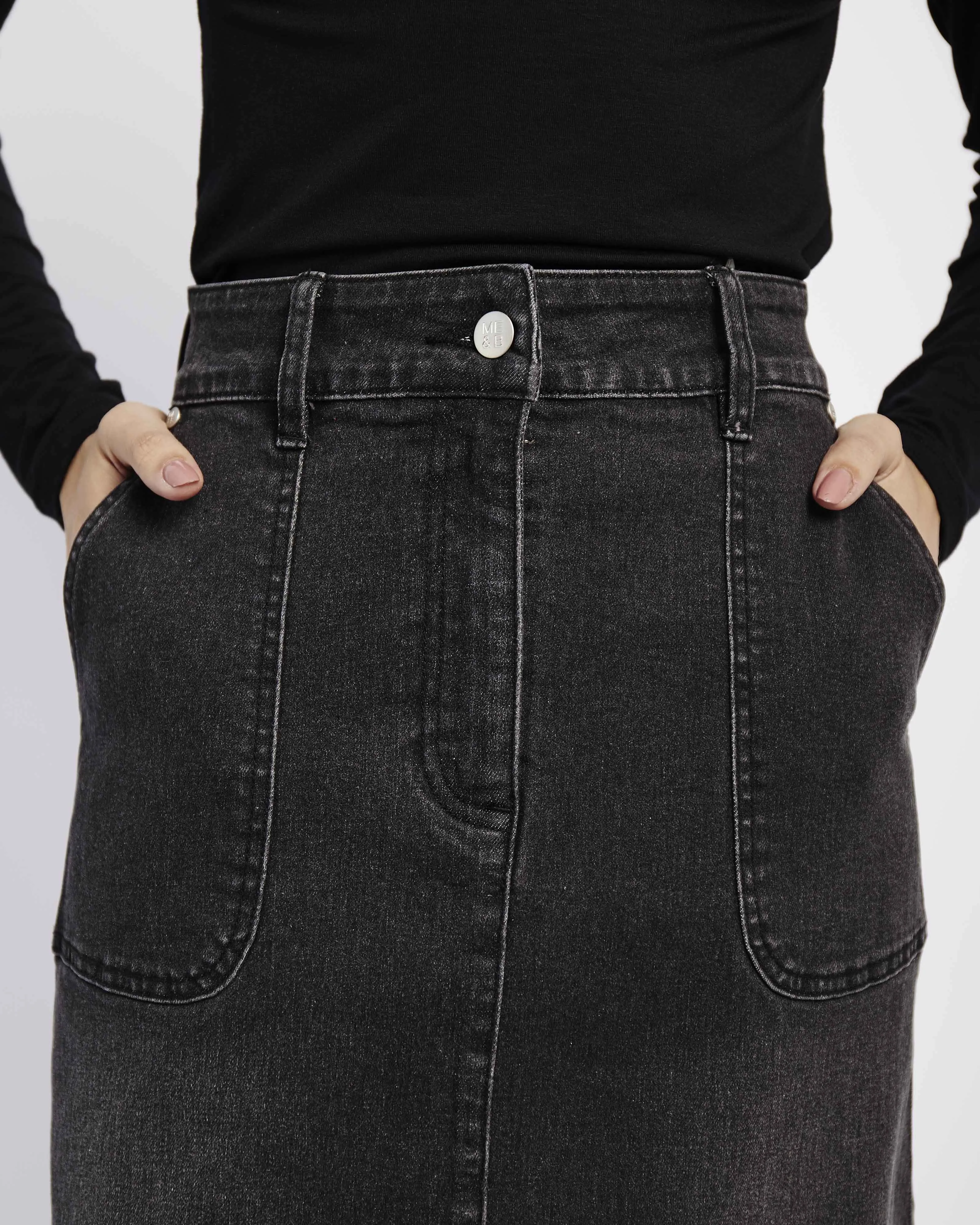 Denim Skirt with Back Slit in Black