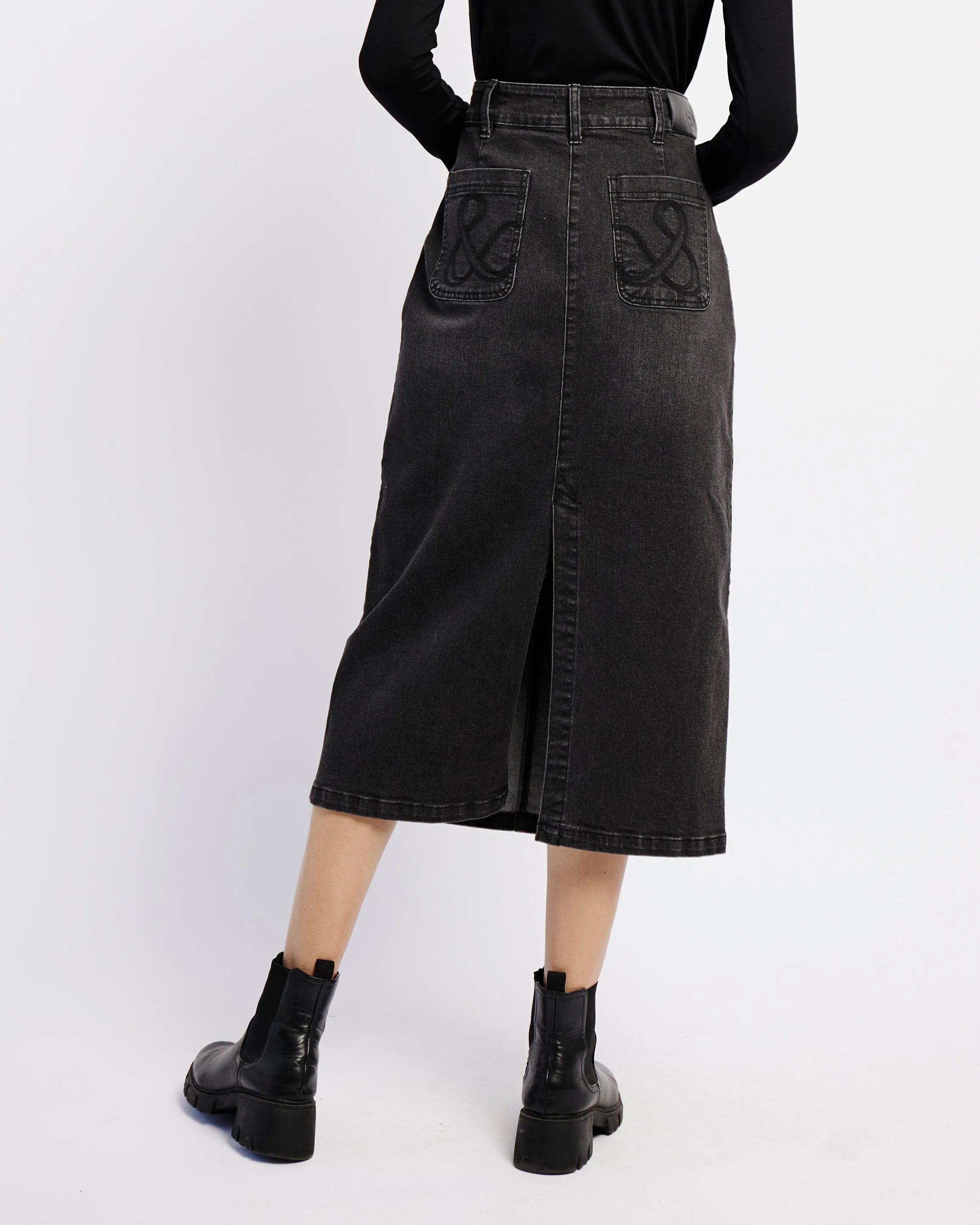 Denim Skirt with Back Slit in Black