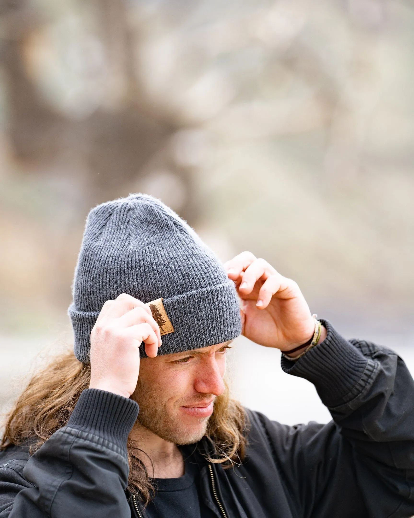 Doug Fir 100% Merino Wool   Cork Beanie | Charcoal