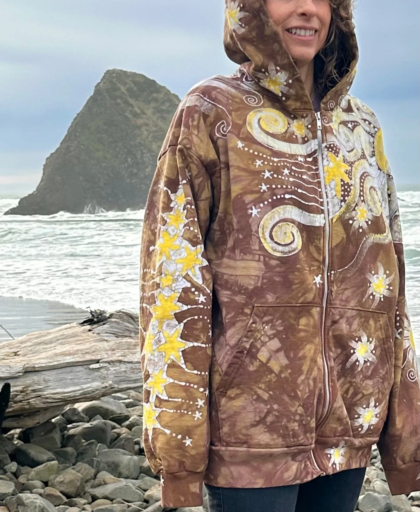 Driftwood Moonbeams Handcrafted Batik Zipper Hoodie - Unisex Size XL