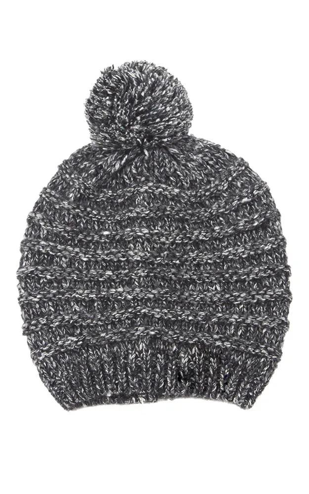 EAH9515 Stripe Pattern Knit Pompom Beanie Hat