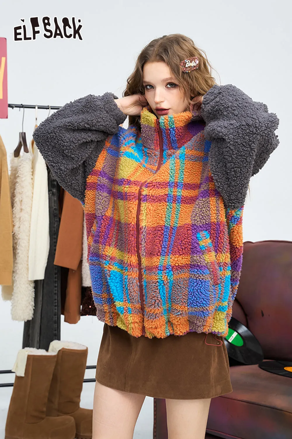 ELFSACK 2024 Winter New Arrivals Casual retro colorful plaid loose winter coat for women