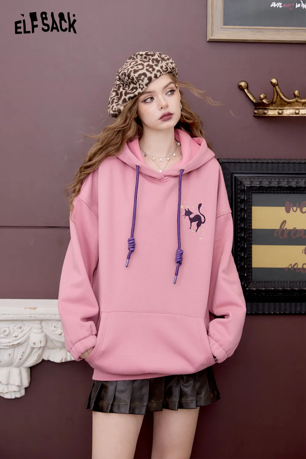 ELFSACK 2024 Winter New Arrivals Loose Preppy style witch embroidery hoodie for women retro cute fleece top