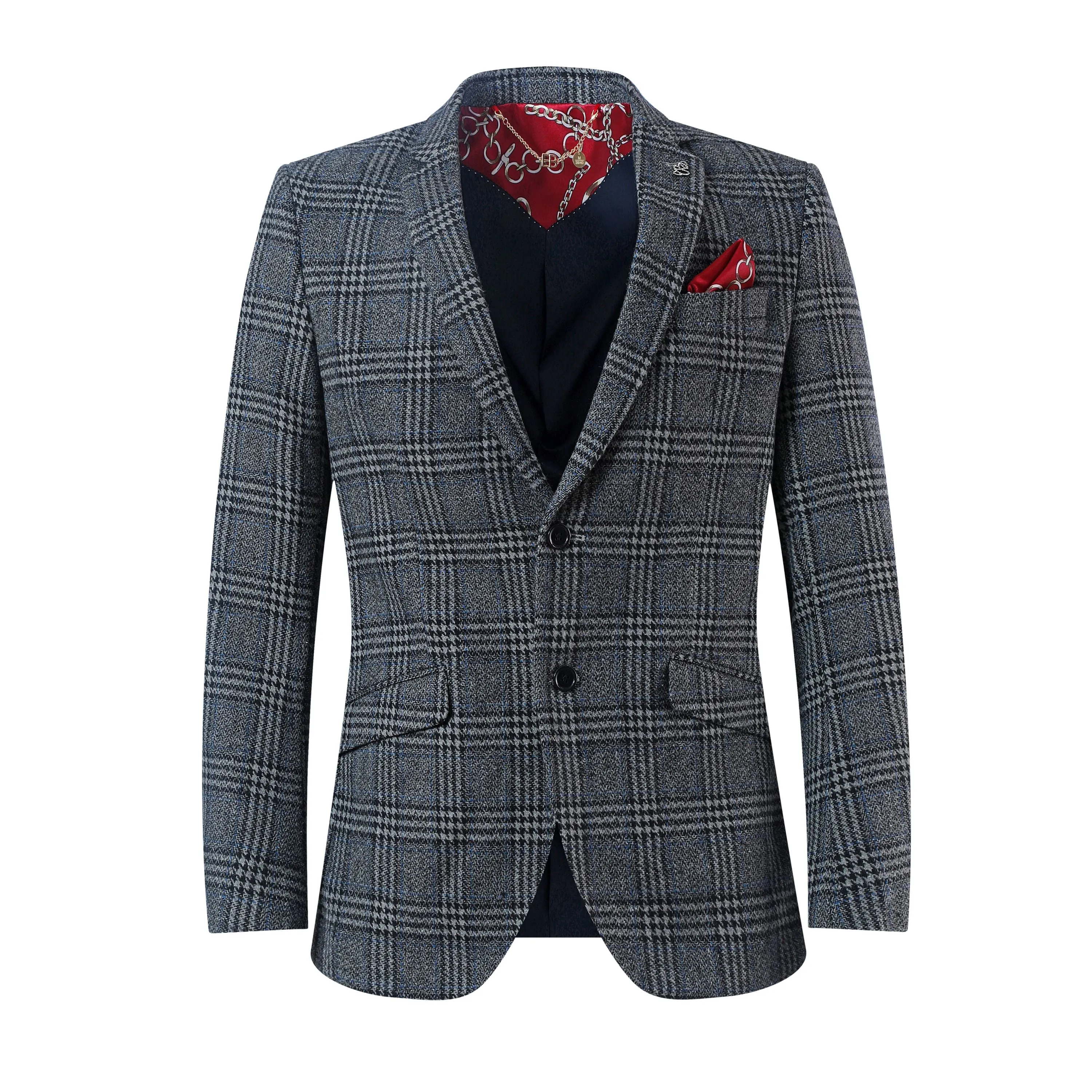 ELIE BALLEH Men's Grey Slim Fit Glen Plaid Wool Blazer