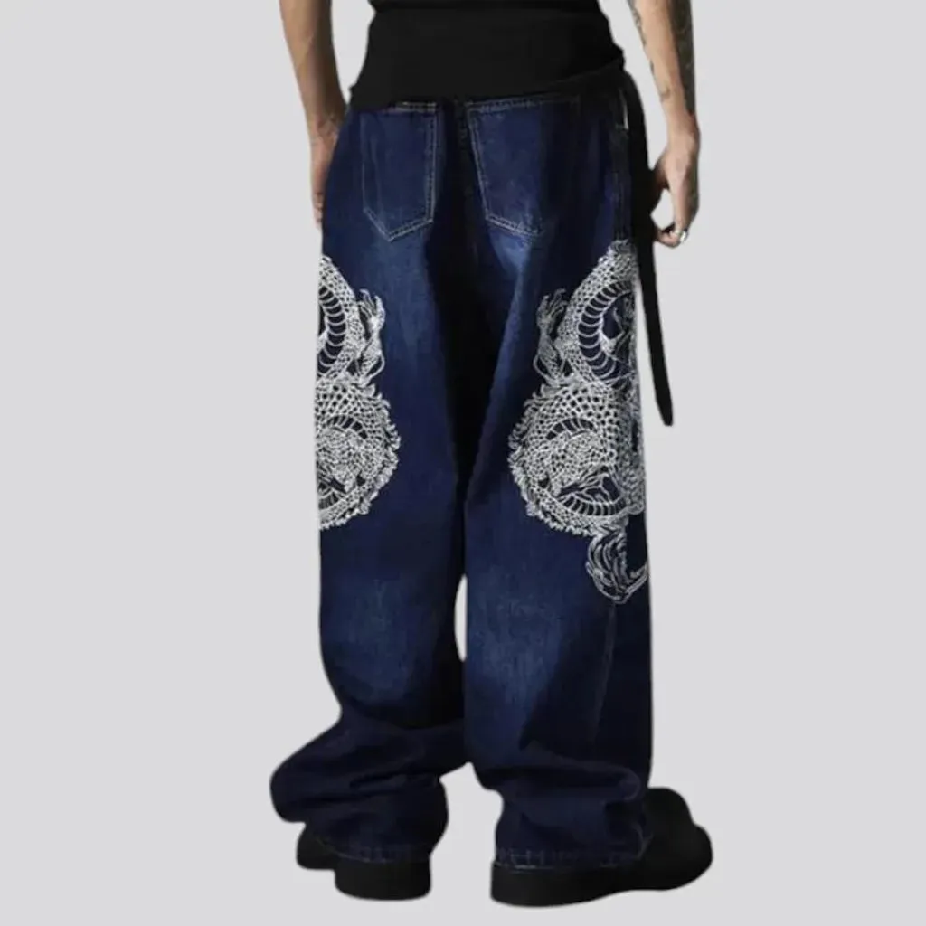 Embroidered baggy mid rise men's jeans