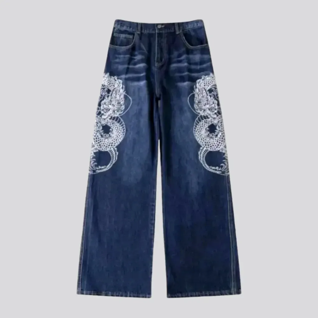 Embroidered baggy mid rise men's jeans