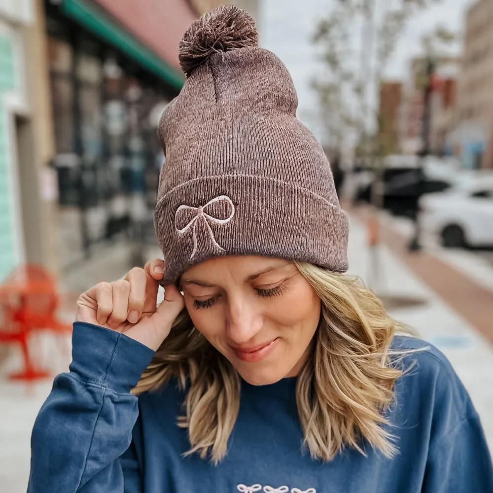 Embroidered Bow Pom Beanie